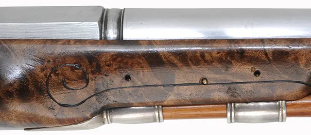 Kentucky Pistol,
.54 caliber, 7-1/2" octagon-to-round barrel,
Siler flintlock, curly maple, Georgian style silver furniture, as-new Kentucky Pistol,
.54 caliber, 7-1/2" octagon-to-round barrel,
Siler flintlock, curly maple, Georgian style silver furniture, as-new