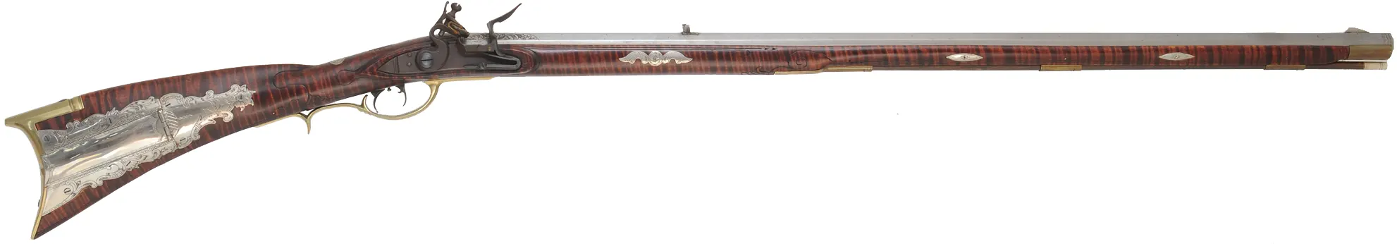 Lehigh Valley Longrifle,
.32 caliber, 33-1/4" straight octagon barrel,
curly maple, brass & nickel silver trim, small Siler flintlock, 
used, signed by L. Bryner