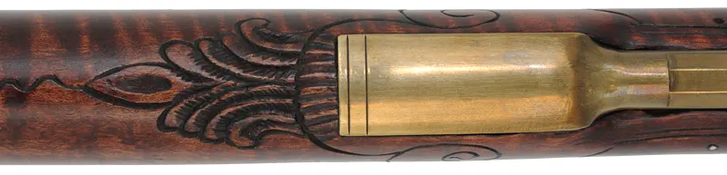 Lehigh Valley Longrifle,
.32 caliber, 33-1/4" straight octagon barrel,
curly maple, brass & nickel silver trim, small Siler flintlock, 
used, signed by L. Bryner
