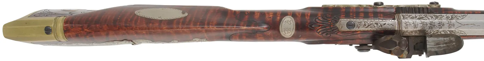 Lehigh Valley Longrifle,
.32 caliber, 33-1/4" straight octagon barrel,
curly maple, brass & nickel silver trim, small Siler flintlock, 
used, signed by L. Bryner