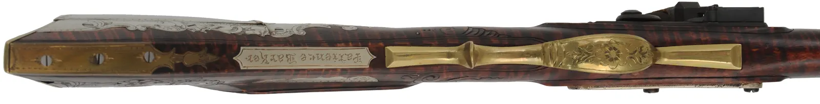 Lehigh Valley Longrifle,
.32 caliber, 33-1/4" straight octagon barrel,
curly maple, brass & nickel silver trim, small Siler flintlock, 
used, signed by L. Bryner