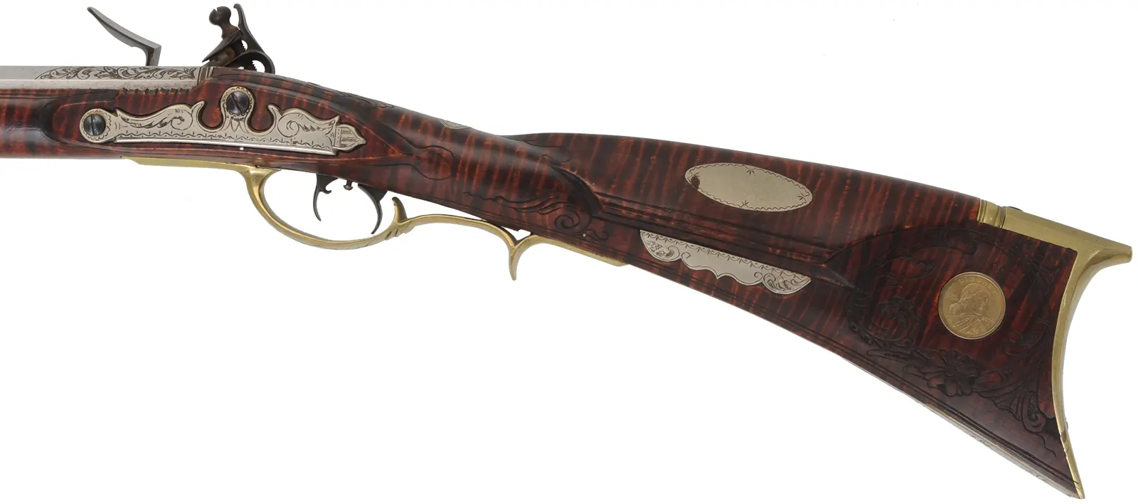 Lehigh Valley Longrifle,
.32 caliber, 33-1/4" straight octagon barrel,
curly maple, brass & nickel silver trim, small Siler flintlock, 
used, signed by L. Bryner