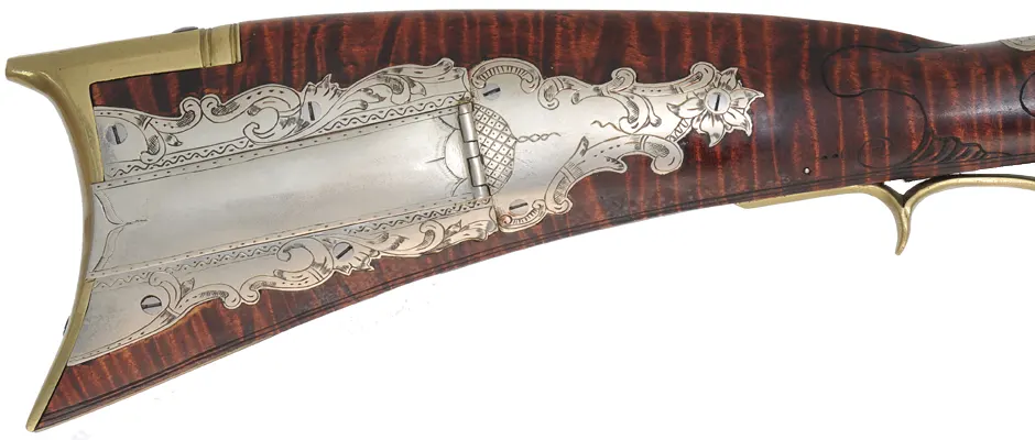 Lehigh Valley Longrifle,
.32 caliber, 33-1/4" straight octagon barrel,
curly maple, brass & nickel silver trim, small Siler flintlock, 
used, signed by L. Bryner