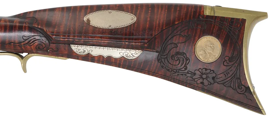 Lehigh Valley Longrifle,
.32 caliber, 33-1/4" straight octagon barrel,
curly maple, brass & nickel silver trim, small Siler flintlock, 
used, signed by L. Bryner