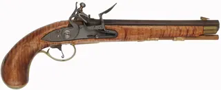 Colonial Pistol,
.54 caliber 9" Getz swamped barrel,
small Siler flint lock, maple, brass, 
marked W.K.