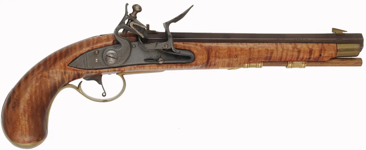 Colonial Pistol,
.54 caliber 9" Getz swamped barrel,
small Siler flint lock, maple, brass,
marked W.K. Colonial Pistol,
.54 caliber 9" Getz swamped barrel,
small Siler flint lock, maple, brass,
marked W.K.