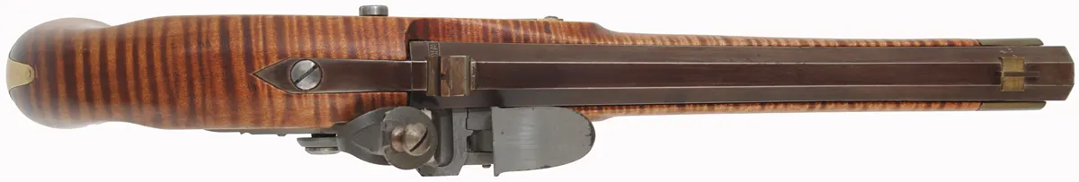 Colonial Pistol,
.54 caliber 9" Getz swamped barrel,
small Siler flint lock, maple, brass,
marked W.K. Colonial Pistol,
.54 caliber 9" Getz swamped barrel,
small Siler flint lock, maple, brass,
marked W.K.