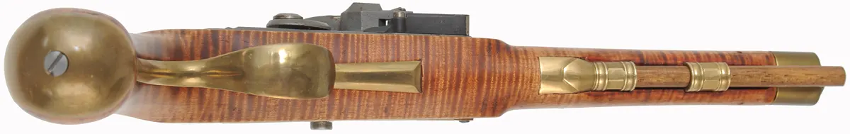 Colonial Pistol,
.54 caliber 9" Getz swamped barrel,
small Siler flint lock, maple, brass,
marked W.K. Colonial Pistol,
.54 caliber 9" Getz swamped barrel,
small Siler flint lock, maple, brass,
marked W.K.