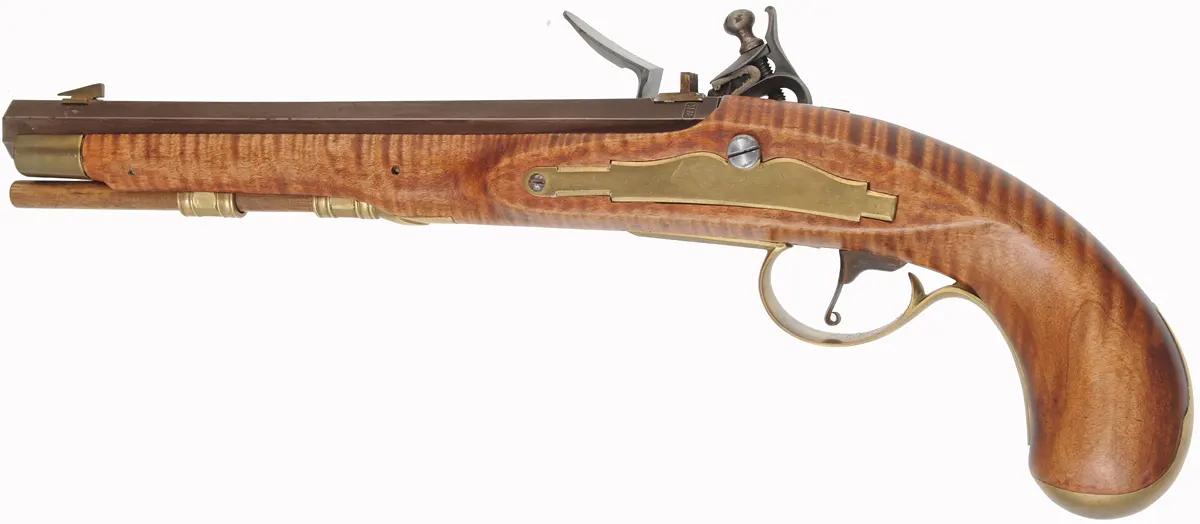 Colonial Pistol,
.54 caliber 9" Getz swamped barrel,
small Siler flint lock, maple, brass,
marked W.K. Colonial Pistol,
.54 caliber 9" Getz swamped barrel,
small Siler flint lock, maple, brass,
marked W.K.