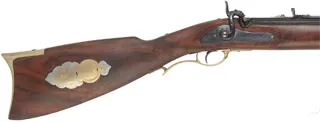California Fullstock Rifle
.50 caliber, 26" barrel,
Claro walnut, brass, 
L&R percussion lock, step adjustable rear sight, used