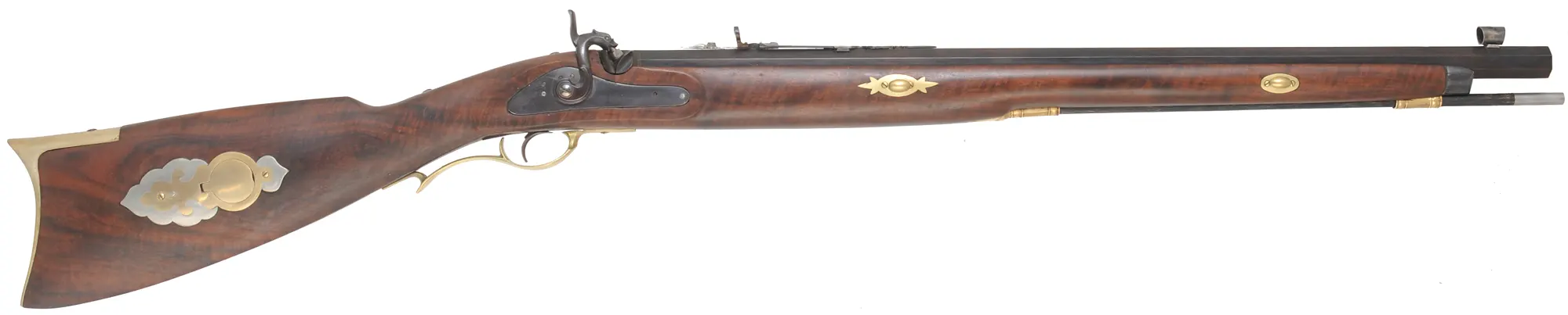 California Fullstock Rifle
.50 caliber, 26" barrel,
Claro walnut, brass, 
L&R percussion lock, step adjustable rear sight, used