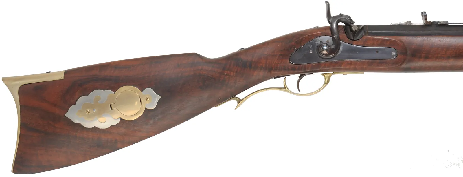 California Fullstock Rifle
.50 caliber, 26" barrel,
Claro walnut, brass, 
L&R percussion lock, step adjustable rear sight, used
