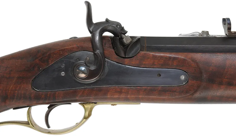California Fullstock Rifle
.50 caliber, 26" barrel,
Claro walnut, brass, 
L&R percussion lock, step adjustable rear sight, used