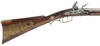 York County Longrifle,
.50 caliber, 42" straight octagon barrel,
flintlock, fancy curly maple, engraved brass,
used, by G.L. Jones