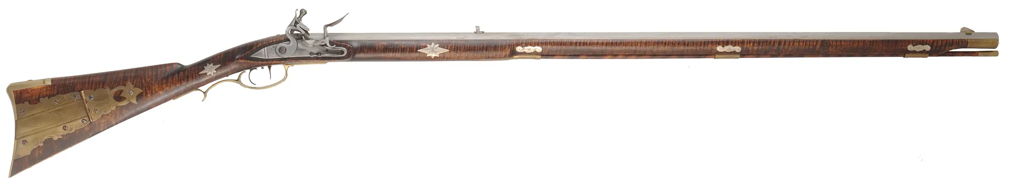 York County Longrifle,
.50 caliber, 42" straight octagon barrel,
flintlock, fancy curly maple, engraved brass,
used, by G.L. Jones