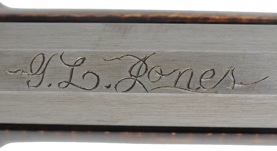 York County Longrifle,
.50 caliber, 42" straight octagon barrel,
flintlock, fancy curly maple, engraved brass,
used, by G.L. Jones