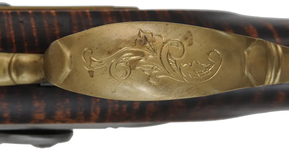 York County Longrifle,
.50 caliber, 42" straight octagon barrel,
flintlock, fancy curly maple, engraved brass,
used, by G.L. Jones