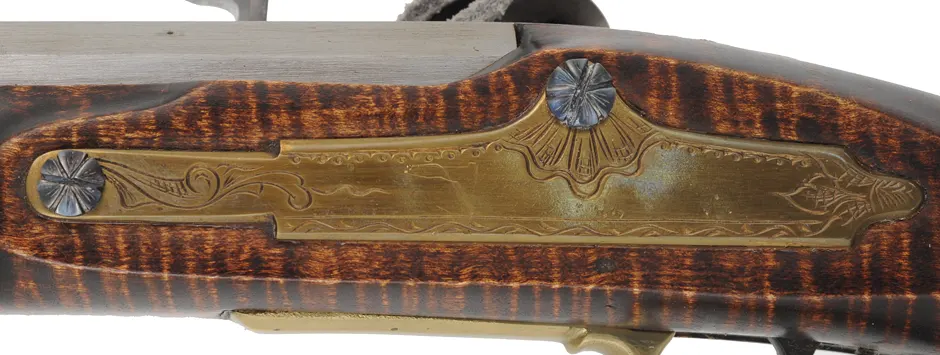 York County Longrifle,
.50 caliber, 42" straight octagon barrel,
flintlock, fancy curly maple, engraved brass,
used, by G.L. Jones