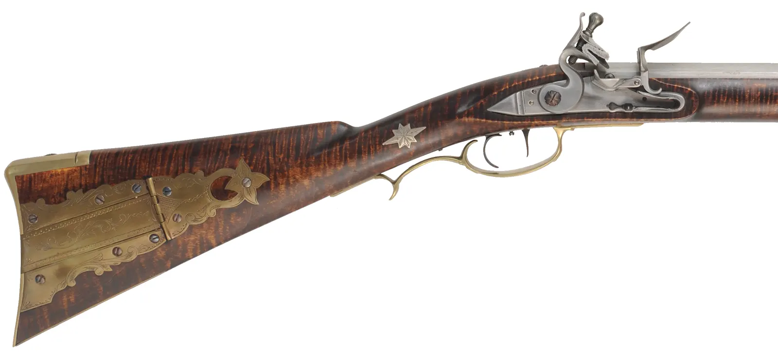 York County Longrifle,
.50 caliber, 42" straight octagon barrel,
flintlock, fancy curly maple, engraved brass,
used, by G.L. Jones