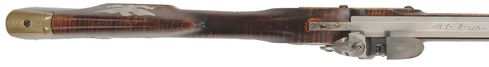 York County Longrifle,
.50 caliber, 42" straight octagon barrel,
flintlock, fancy curly maple, engraved brass,
used, by G.L. Jones