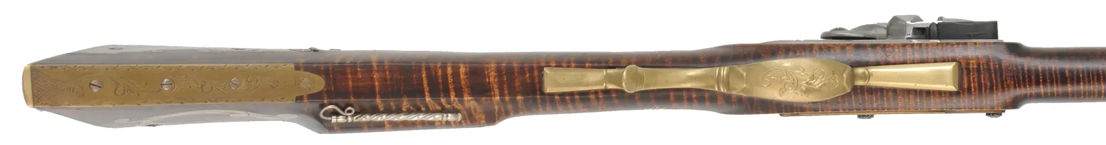 York County Longrifle,
.50 caliber, 42" straight octagon barrel,
flintlock, fancy curly maple, engraved brass,
used, by G.L. Jones