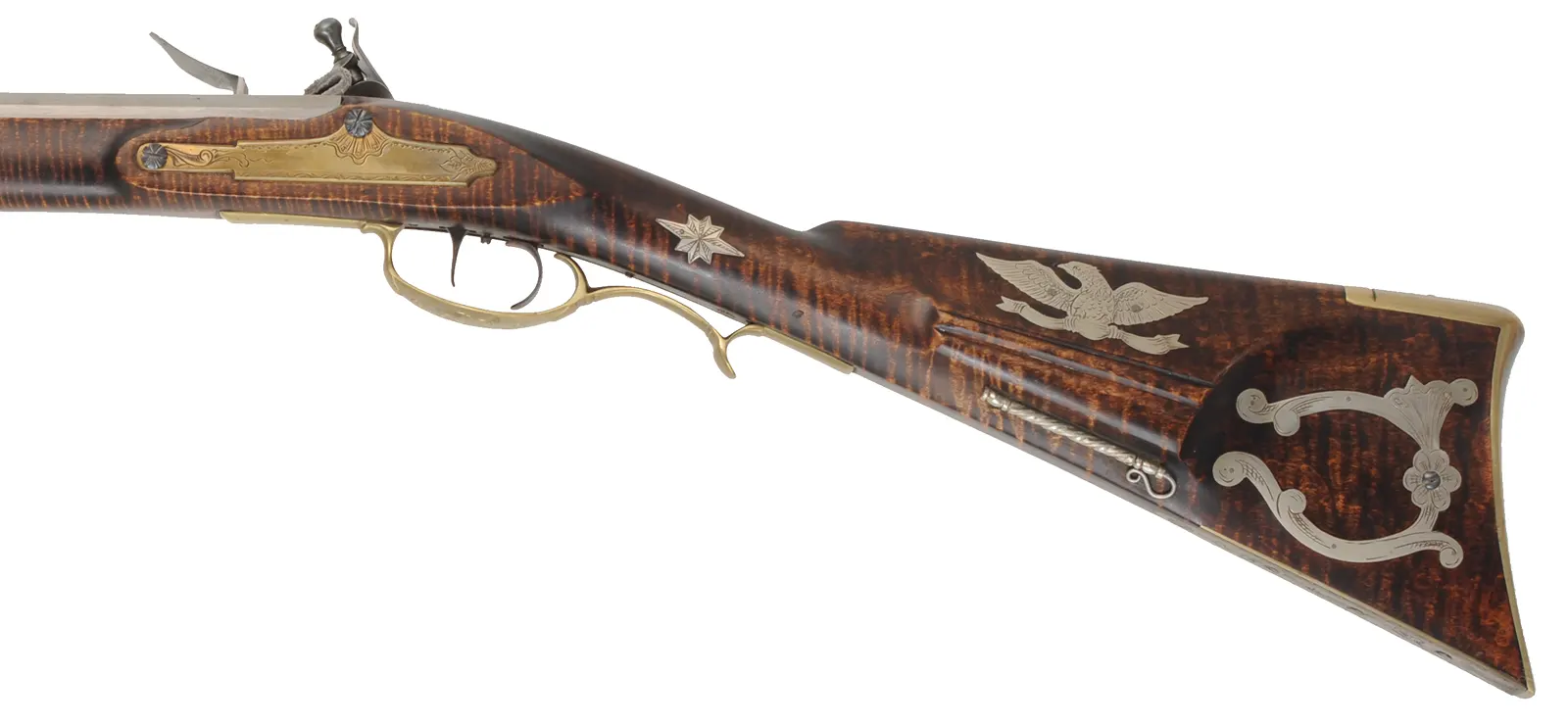 York County Longrifle,
.50 caliber, 42" straight octagon barrel,
flintlock, fancy curly maple, engraved brass,
used, by G.L. Jones