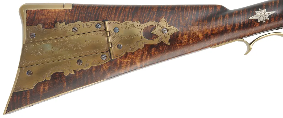 York County Longrifle,
.50 caliber, 42" straight octagon barrel,
flintlock, fancy curly maple, engraved brass,
used, by G.L. Jones