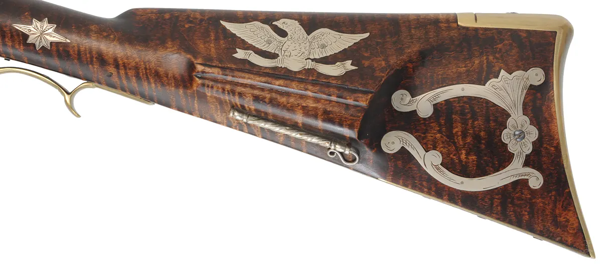 York County Longrifle,
.50 caliber, 42" straight octagon barrel,
flintlock, fancy curly maple, engraved brass,
used, by G.L. Jones