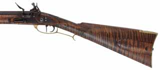  Left Hand Isaac Haines, Lancaster County longrifle , .54 caliber 38" Colerain swamped octagon barrel, curly maple, brass, Siler flintlock, use, signed by John F. Bergmann 