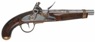 Buccaneer Pistol,
.75 caliber, 10-1/4" barrel,
beech, brass, flintlock 
does not spark, used, by Hy Hunter