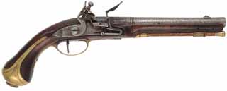Kentucky Pistol,
.54 caliber smoothbore, 9-1/2" octagon-to-round barrel,
walnut, Siler flint lock, brass trim, engraved, 
used, by Brent Gurtek