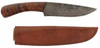 Used Large Coureur Des Bois Belt Knife,
5" blade, maple handle, 
includes leather sheath, made in the U. S. A.
