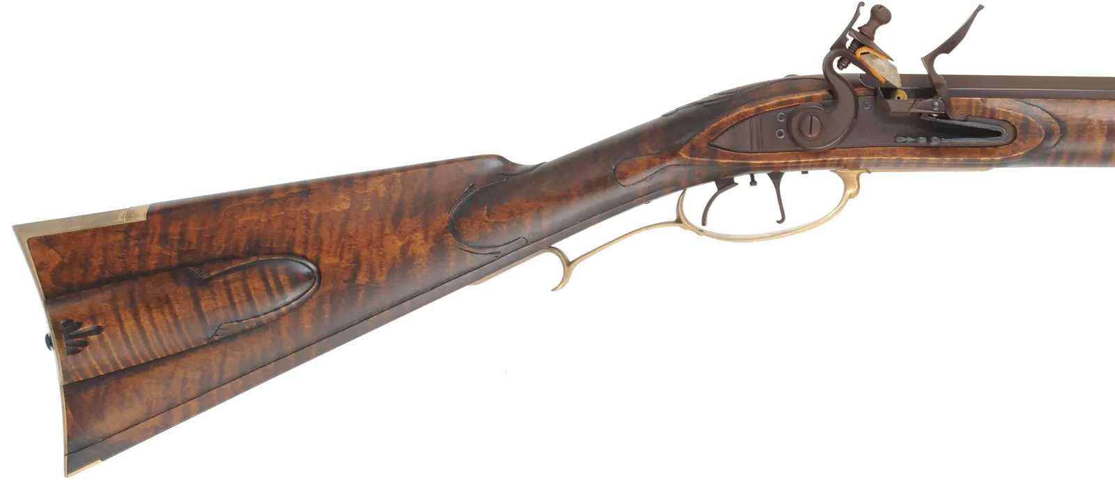 Lancaster County, Pennsylvania Longrifle,
.45 caliber, 42" Colerain swamped barrel,
Chambers flintlock, curly maple, brass,
new, unfired, by Mike Compton Lancaster County, Pennsylvania Longrifle,
.45 caliber, 42" Colerain swamped barrel,
Chambers flintlock, curly maple, brass,
new, unfired, by Mike Compton