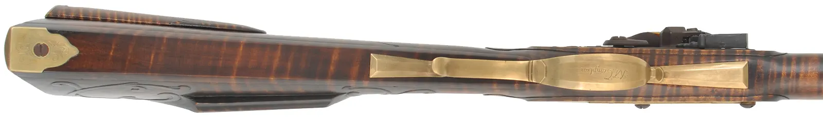 Lancaster County, Pennsylvania Longrifle,
.45 caliber, 42" Colerain swamped barrel,
Chambers flintlock, curly maple, brass,
new, unfired, by Mike Compton Lancaster County, Pennsylvania Longrifle,
.45 caliber, 42" Colerain swamped barrel,
Chambers flintlock, curly maple, brass,
new, unfired, by Mike Compton