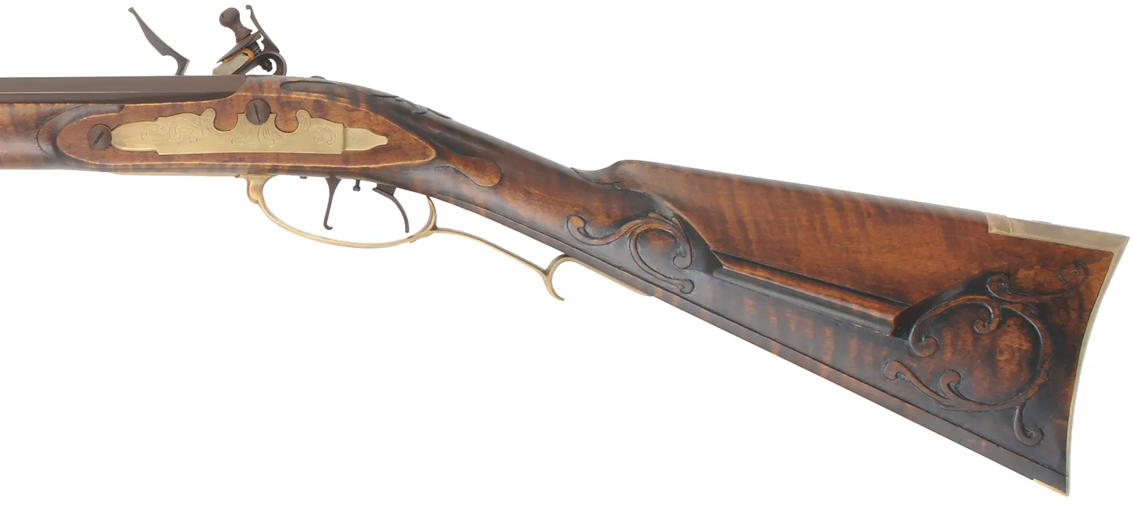 Lancaster County, Pennsylvania Longrifle,
.45 caliber, 42" Colerain swamped barrel,
Chambers flintlock, curly maple, brass,
new, unfired, by Mike Compton Lancaster County, Pennsylvania Longrifle,
.45 caliber, 42" Colerain swamped barrel,
Chambers flintlock, curly maple, brass,
new, unfired, by Mike Compton