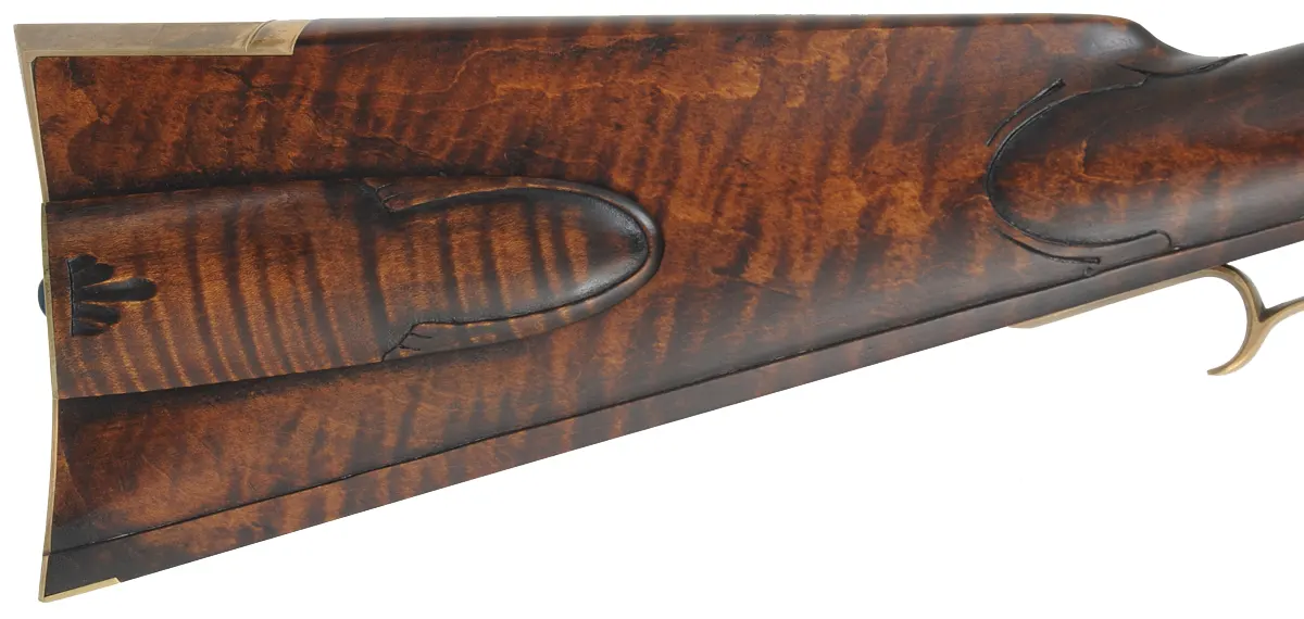 Lancaster County, Pennsylvania Longrifle,
.45 caliber, 42" Colerain swamped barrel,
Chambers flintlock, curly maple, brass,
new, unfired, by Mike Compton Lancaster County, Pennsylvania Longrifle,
.45 caliber, 42" Colerain swamped barrel,
Chambers flintlock, curly maple, brass,
new, unfired, by Mike Compton