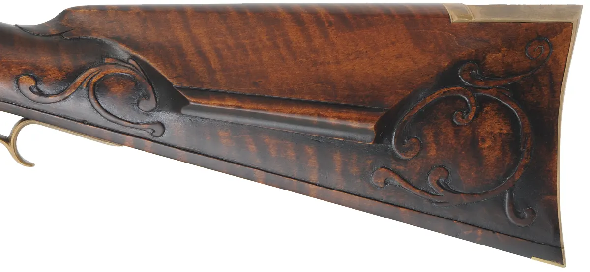 Lancaster County, Pennsylvania Longrifle,
.45 caliber, 42" Colerain swamped barrel,
Chambers flintlock, curly maple, brass,
new, unfired, by Mike Compton Lancaster County, Pennsylvania Longrifle,
.45 caliber, 42" Colerain swamped barrel,
Chambers flintlock, curly maple, brass,
new, unfired, by Mike Compton