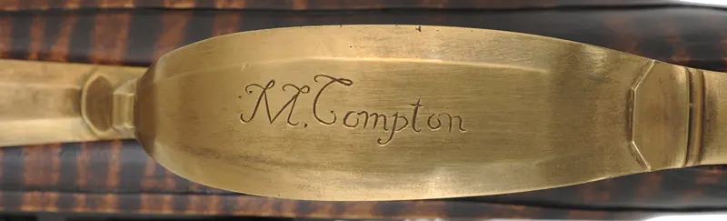 Lancaster County, Pennsylvania Longrifle,
.45 caliber, 42" Colerain swamped barrel,
Chambers flintlock, curly maple, brass,
new, unfired, by Mike Compton Lancaster County, Pennsylvania Longrifle,
.45 caliber, 42" Colerain swamped barrel,
Chambers flintlock, curly maple, brass,
new, unfired, by Mike Compton
