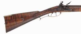Lancaster County, Pennsylvania Longrifle,
.45 caliber 38" Colerain swamped barrel,
flintlock, curly maple, brass,
new, unfired, by Mike Compton