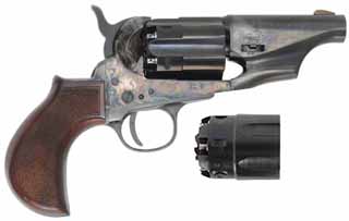 Snub Nose 1860 Colt Army Revolver
.44 caliber, 3" barrel,
bird's head walnut grip, color case hardened frame,
used, extra cylinder, includes box with loading tool, by Pietta of Italy