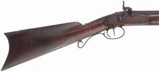 Hawken Rifle
.54 caliber, 36" Green Mountain barrel, 
L&R percussion lock, iron trim, curly maple stock,
used, by George Nelson