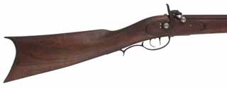 Half Stock Rifle,
.40 caliber smoothbore, 34" barrel,
Siler percussion, walnut, iron,
used, signed by P. Sheets