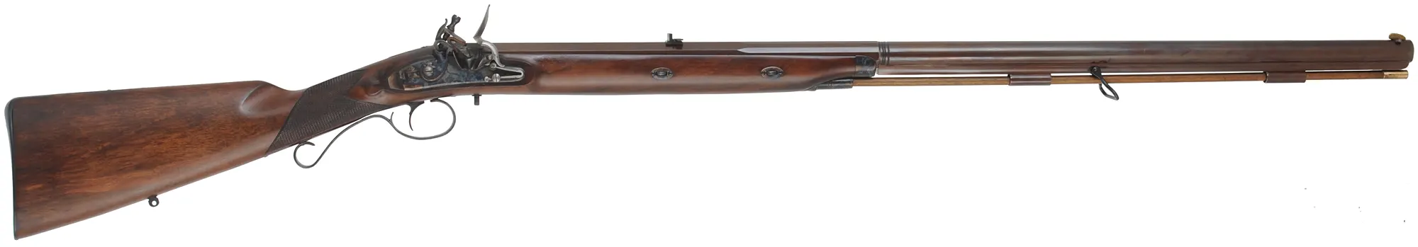 Mortimer Rifle,
.54 caliber, 35-1/2" octagon-to-round barrel,
flintlock, checkered walnut, iron trim, 
used, by Davide Pedersoli