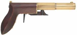Ruggle Pistol, 
.38 caliber, 4" octagon-to-round brass barrel,
percussion underhammer, walnut,
new, unfired, by Rod Olsen