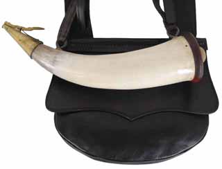 Military Style Pouch and Powder Horn,
 8-1/2" by 7" double bag, leather strap, pick and brush,
11" powder horn, pouring spout,
used, by Frank Willis