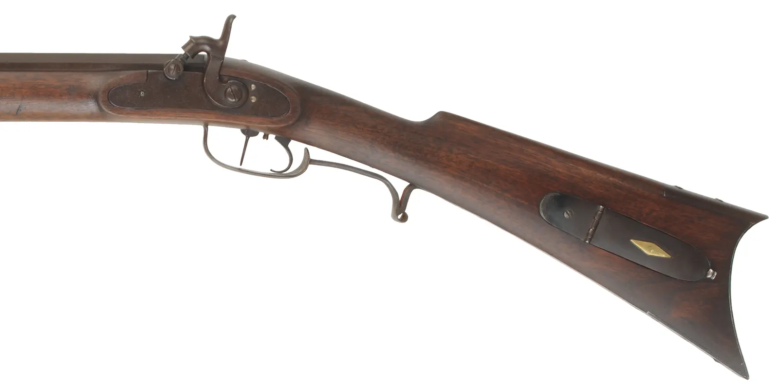 Left Hand Tennessee Mountain Rifle,
.40 caliber, 46" Rayl straight octagon barrel,
Siler percussion lock, walnut, iron trim,
used, marked C.D. Walker Left Hand Tennessee Mountain Rifle,
.40 caliber, 46" Rayl straight octagon barrel,
Siler percussion lock, walnut, iron trim,
used, marked C.D. Walker