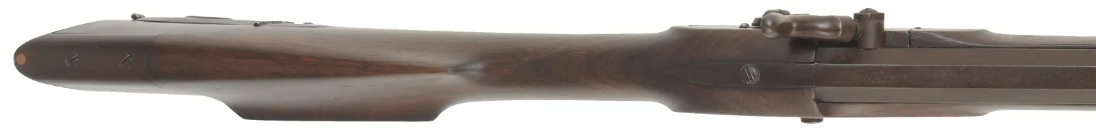 Left Hand Tennessee Mountain Rifle,
.40 caliber, 46" Rayl straight octagon barrel,
Siler percussion lock, walnut, iron trim,
used, marked C.D. Walker Left Hand Tennessee Mountain Rifle,
.40 caliber, 46" Rayl straight octagon barrel,
Siler percussion lock, walnut, iron trim,
used, marked C.D. Walker
