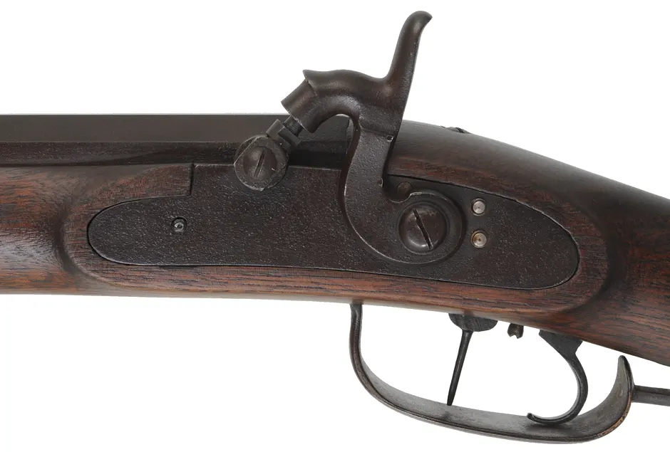 Left Hand Tennessee Mountain Rifle,
.40 caliber, 46" Rayl straight octagon barrel,
Siler percussion lock, walnut, iron trim,
used, marked C.D. Walker Left Hand Tennessee Mountain Rifle,
.40 caliber, 46" Rayl straight octagon barrel,
Siler percussion lock, walnut, iron trim,
used, marked C.D. Walker