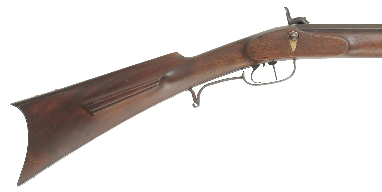 Left Hand Tennessee Mountain Rifle,
.40 caliber, 46" Rayl straight octagon barrel,
Siler percussion lock, walnut, iron trim,
used, marked C.D. Walker Left Hand Tennessee Mountain Rifle,
.40 caliber, 46" Rayl straight octagon barrel,
Siler percussion lock, walnut, iron trim,
used, marked C.D. Walker