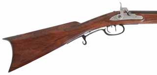 Halfstock Rifle,
.22 caliber, 23" barrel,
percussion, walnut, iron, 
swaging block, lead ammo, used